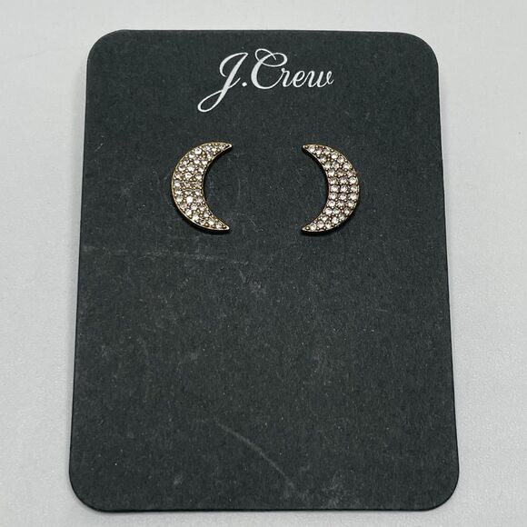 J. Crew Pavé Crystal Moon Stud Earrings Celestial Boho Dainty Gold Tone Crescent - Picture 1 of 8